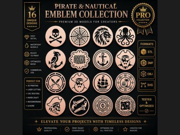 Download 16 Pirate Nautical Emblems CNC 3D Pack - Emblems Collection